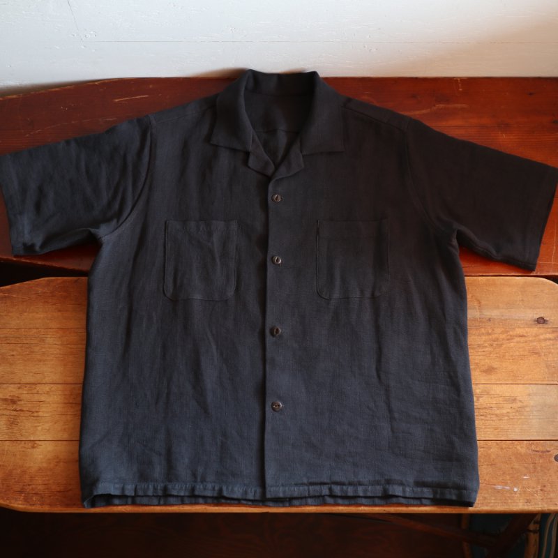Antique French Linen Black overdye Remake open collar shirt サイズL�