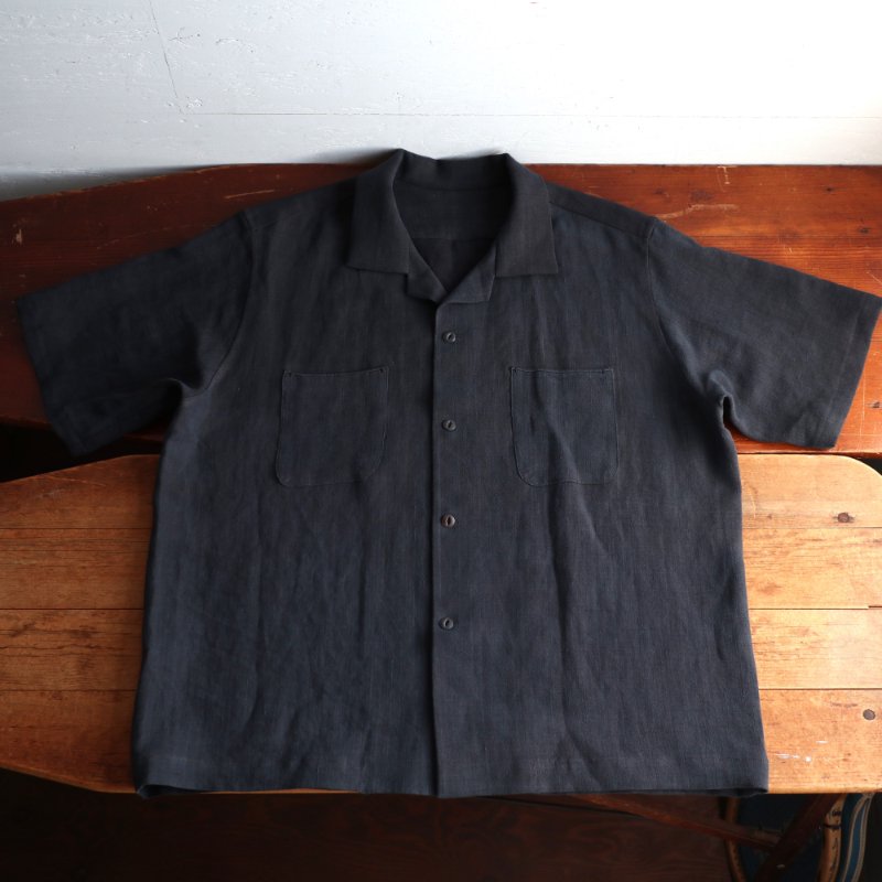 Antique French Linen Black overdye Remake open collar shirt サイズXL