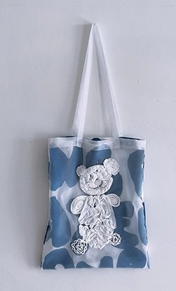 ★2023SS★frankygrow フランキーグロウ TAPE EMBROIDERY BEAR TULLE BAG BLUE LETTERS  23SBG-005