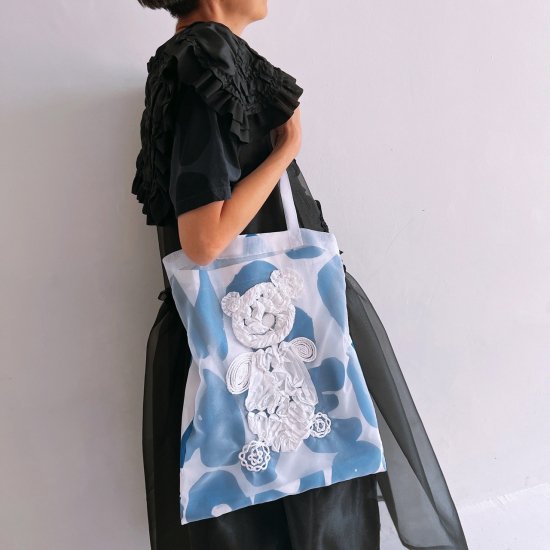 ★2023SS★frankygrow フランキーグロウ TAPE EMBROIDERY BEAR TULLE BAG BLUE LETTERS  23SBG-005