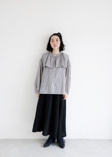 ☆2024AW☆michirico ミチリコ Front collar linen stripe shirts 白×黒 womens MR24AW-22