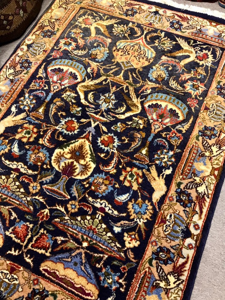 マシュハド手織カシャーンペルシャ絨毯 黒 バラ イラン産150×101-