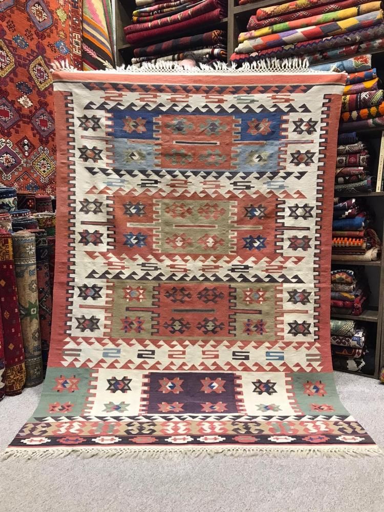 トルコ ウールラグ アイボリー ダークグレー　キリム ギャッベ（ギャベ）専門店 インプレッションオブギャッベ