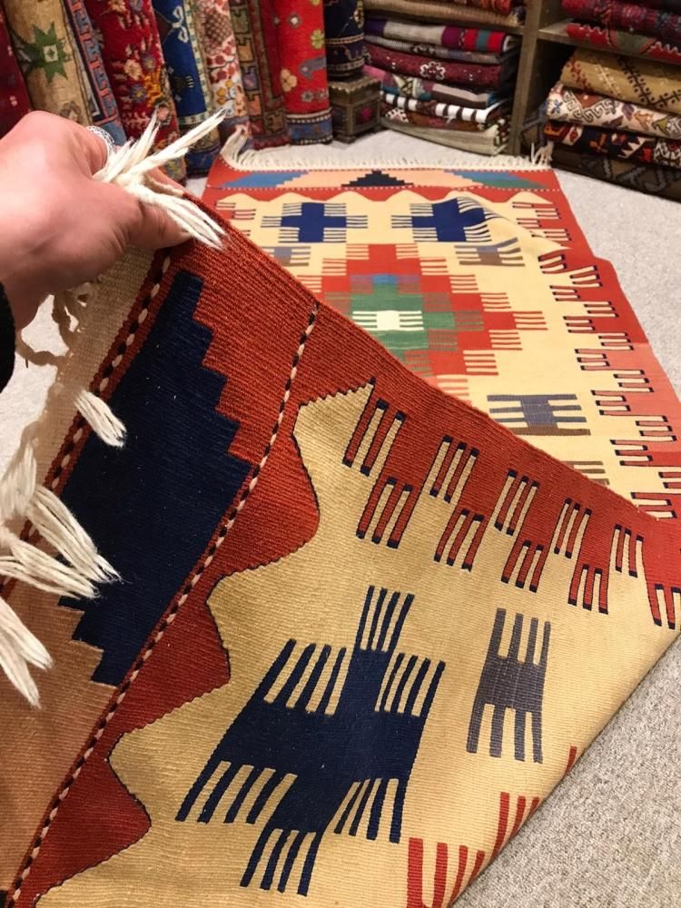 【現地買付】⑨ペルシア絨毯（キリム織りと絨毯織りのコンビネーション） ペルシャキリム 手織り絨毯 size:180×124cm リビングラグ