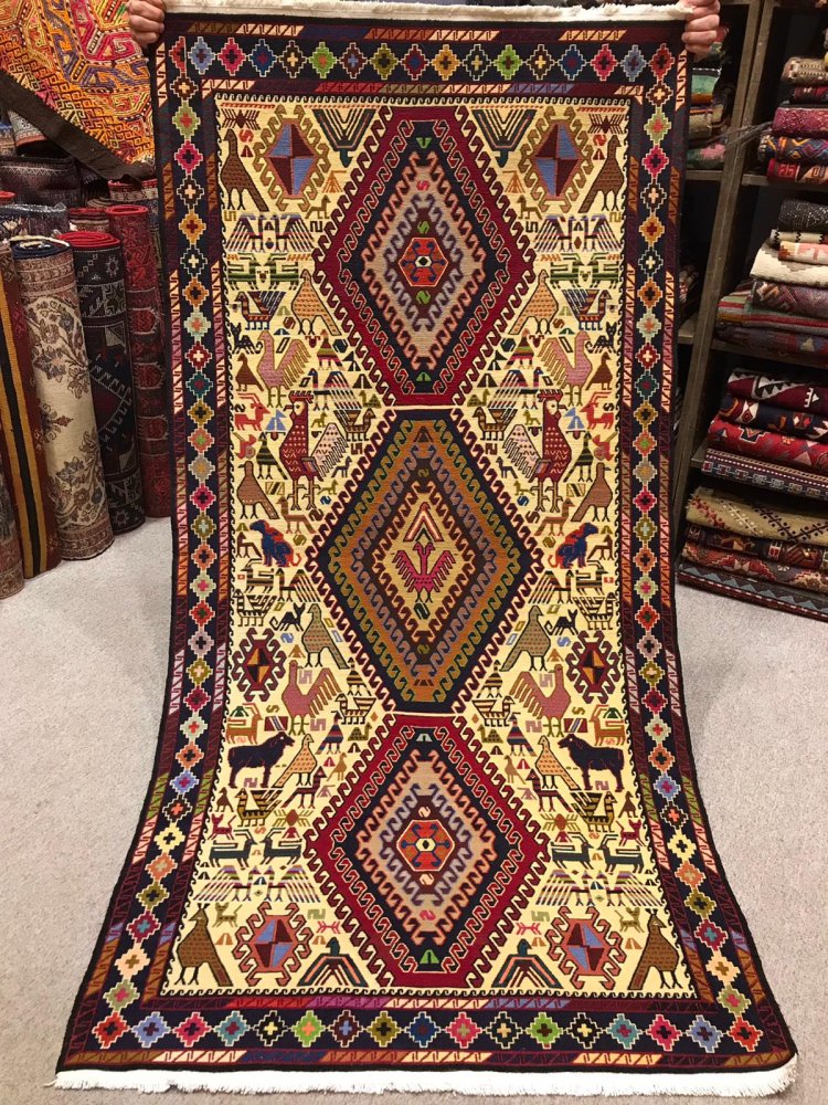 新しいキリム/イラン/シャーセバン・スマック織りキリム約197×100cm 手織り絨毯＆キリム☆Heaven's Door