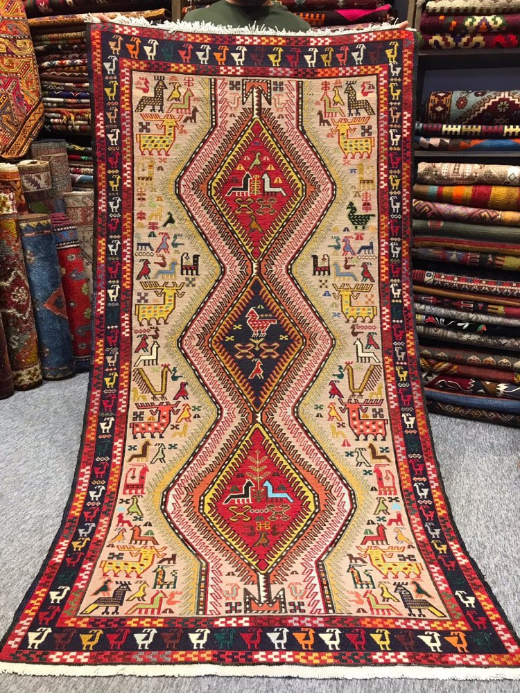 スマック織り キリム 100×82cm ウール / シルク 動物柄 ペルシャ絨毯 
