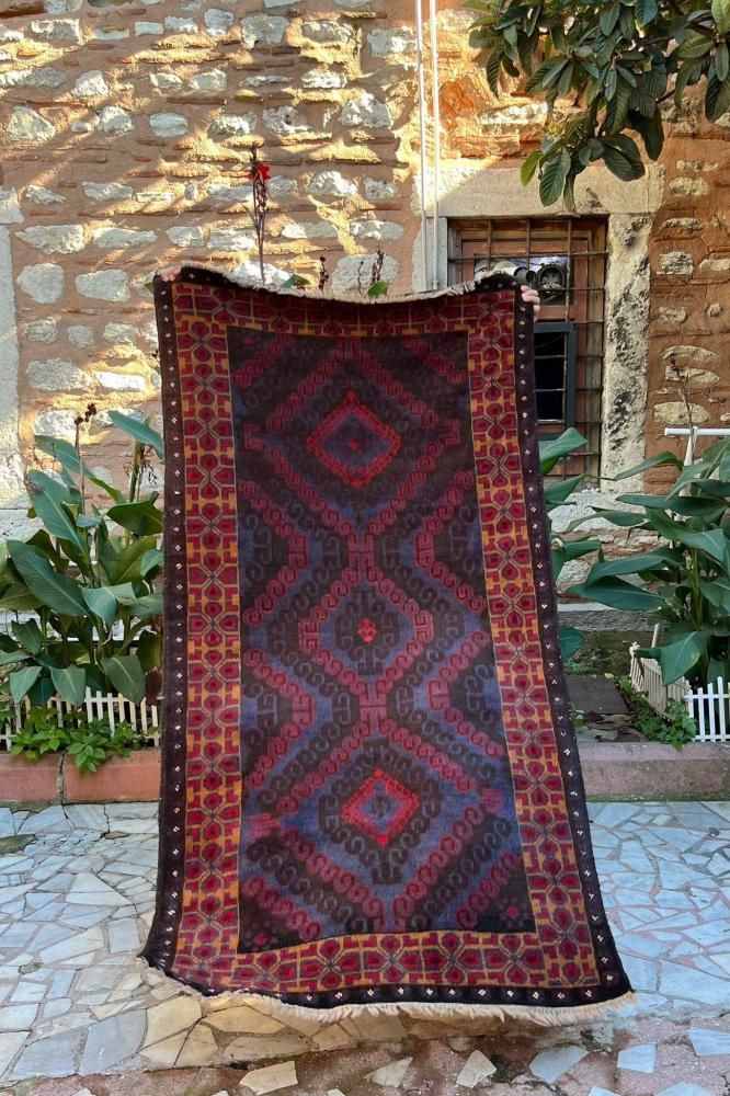 アンティーク キリム/スマック織 アフシャール族の塩袋 手織り トライバルラグ ニューキリム/イラン・スマック織り約101×77cm - 手織り絨毯