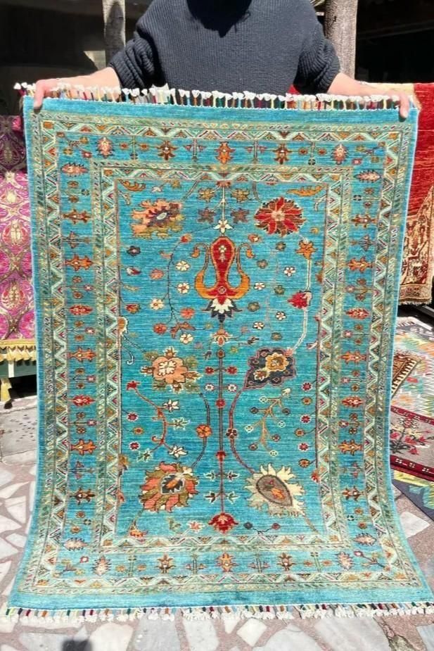 新しい絨毯/アフガン絨毯/トルコ・ウシャク柄/約147×106cm - 手織り