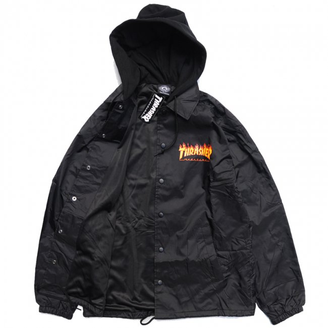 THRASHER FLAME LOGO HOODED COACH JACKET / BLACK