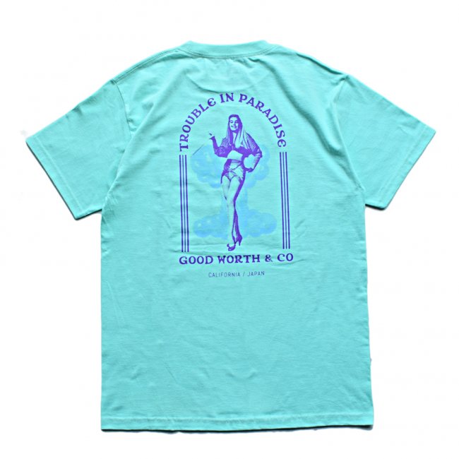 <img class='new_mark_img1' src='https://img.shop-pro.jp/img/new/icons5.gif' style='border:none;display:inline;margin:0px;padding:0px;width:auto;' />Good Worth & Co. TROUBLE IN PARADISE TEE / CELADON (グッドワース Tシャツ)