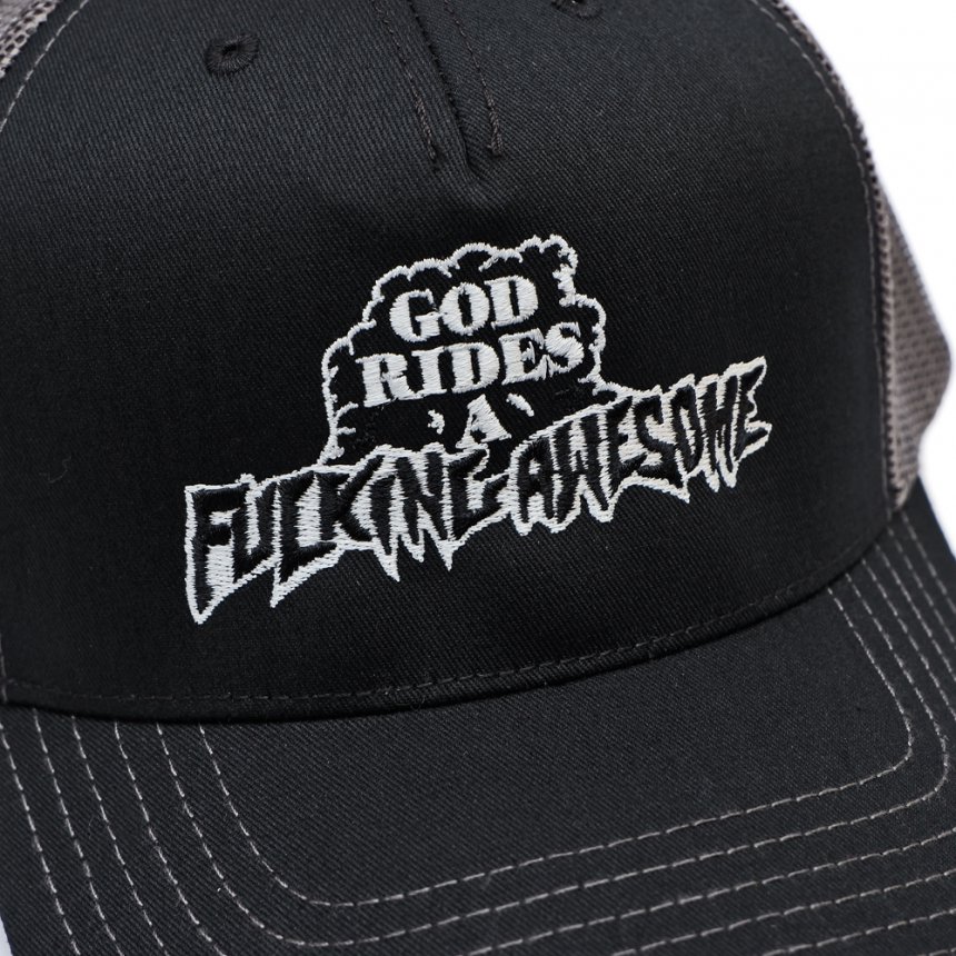 FUCKING AWESOME GOD RIDES FA TRUCKER HAT / GREY/BLACK (ファッキンオーサム メッシュキャップ)  - HORRIBLE'S PROJECT｜HORRIBLE'S｜SAYHELLO | HELLRAZOR | Dime MTL | QUASI |  HOTEL BLUE | GX1000 | THEORIES | VANS SKATE 