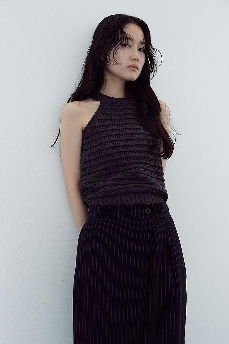 AMERICAN SLEEVE COTTON KNIT TOP /CHARCOAL