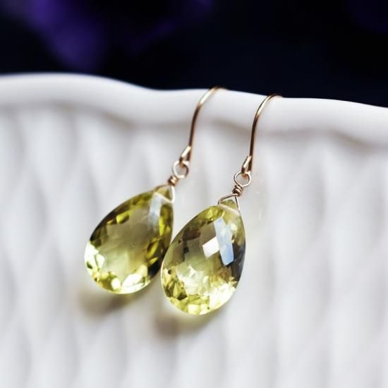 K10/K18レモンクォーツのペアシェイプチェックカットピアス　～Amalie