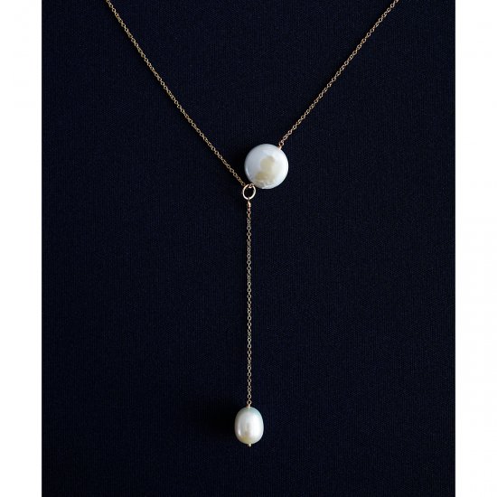 淡水真珠による満月と月の雫のY字セミロングネックレス50cm　～Hana