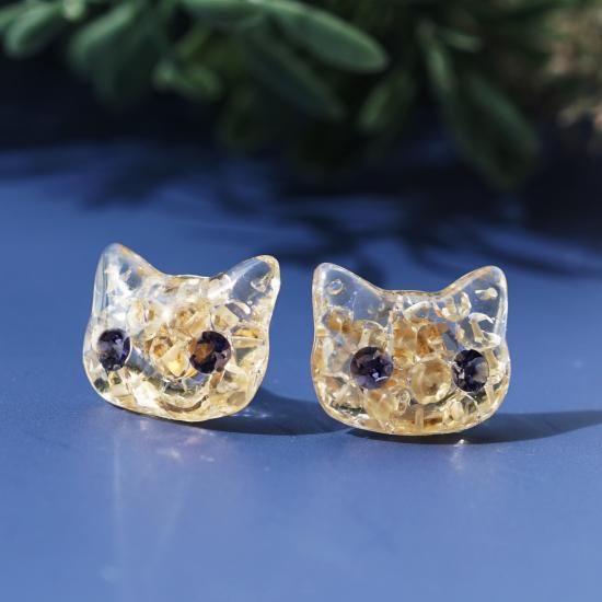 【海外限定】 宝石の猫☆シトリンとアイオライト☆サージカルステンレス ～茶トラ ピアス