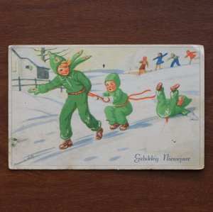 古いクリスマスカード（緑の子どもたち）／オランダ