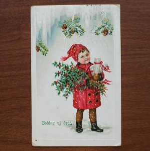 古いクリスマスカード（赤いコートの子ども）／ハンガリー