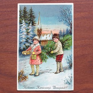 古いクリスマスカード（教会の前で）／ハンガリー