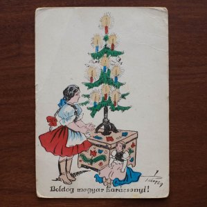 古いクリスマスカード（人形と女の子）／ハンガリー