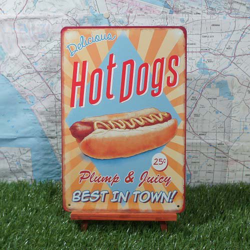 ブリキ看板】Hot Dogs／ホットドッグ Best in Town! - -輸入ブリキ看板