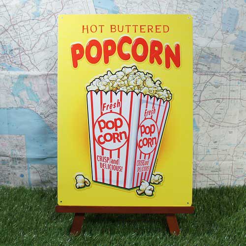 ブリキ看板】Popcorn／ポップコーン Hot Buttered - -輸入ブリキ看板