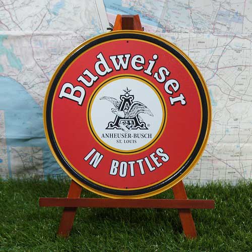 ブリキ看板】Budweiser／バドワイザー In Bottles 丸型 - -輸入ブリキ