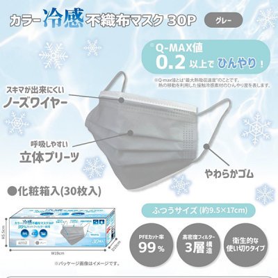 ノベルティ、販促品、粗品、景品用としてオススメなカラー冷感不織布マスク　３０Ｐ　グレーです。