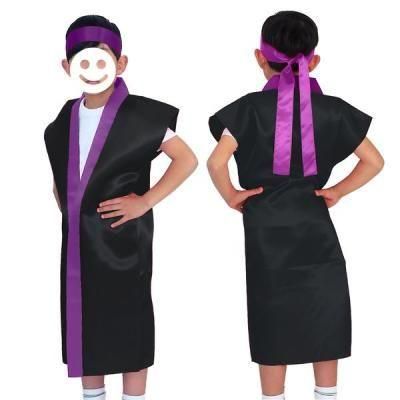 ノベルティ・粗品で人気の「 サテンロングハッピ　黒（紫襟）Ｊハチマキ付」