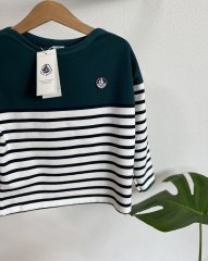 <img class='new_mark_img1' src='https://img.shop-pro.jp/img/new/icons62.gif' style='border:none;display:inline;margin:0px;padding:0px;width:auto;' />未使用　PETIT BATEAU プチバトー  モスグリーン×ボーダー　長袖プルオーバー　ロングTシャツ　size５/１１０
