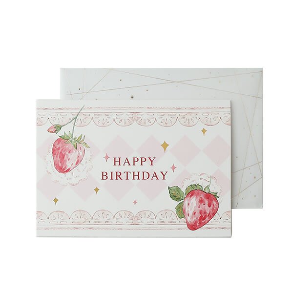 ファンシーなイチゴ柄のバースデーカード お誕生日カード 透明の封筒付き 各１枚