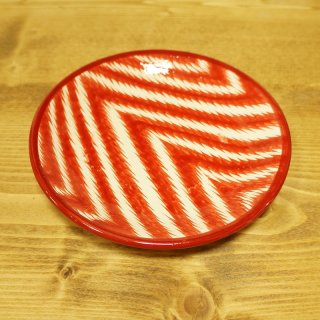 ウズベキスタン　リシタンの陶器　アドラス模様　皿　赤