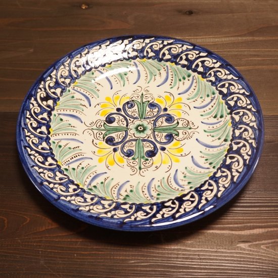 ウズベキスタン陶器 お皿、インテリア、手作り27cm 青 リシタン