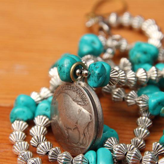 buttonworks TURQUOISE NECKLACE with FIVE CENTS COIN ボタンワークス