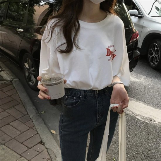 韓国スタイル Tシャツ オフホワイト 白 春 夏 秋 レディース フリーサイズ オーバーサイズ ヒップホップ ストリート シンプル drafty  バックプリントT