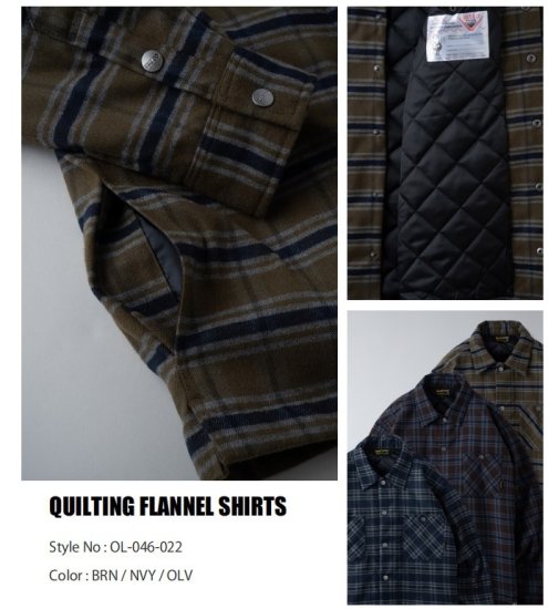 BLUCO ブルコ フランネルシャツ キルティングシャツ ブラウン 茶色 ネイビー 紺 オリーブ 3カラー QUILTING FLANNEL  SHIRTS 046-022 秋冬 防寒