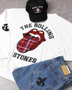 The Rolling Stones Official Plaid Tongue Crew Neck Sweat - White