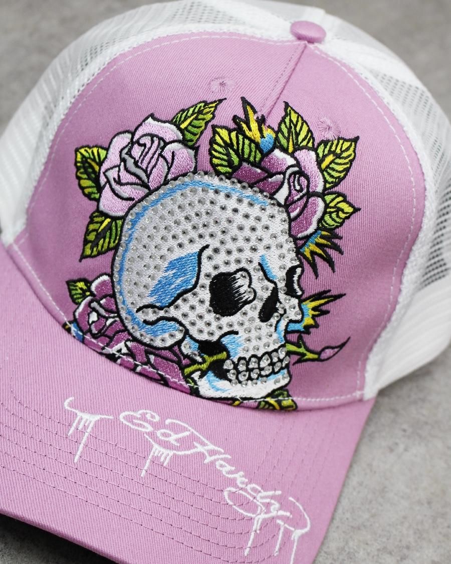 Ed Hardy Rhinestone Heart Skull Trucker Snapback Cap - Pink