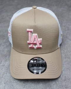 New Era Los Angeles Dodgers 9Forty A-Frame Trucker Snapback Cap - Beige/Pink/White 