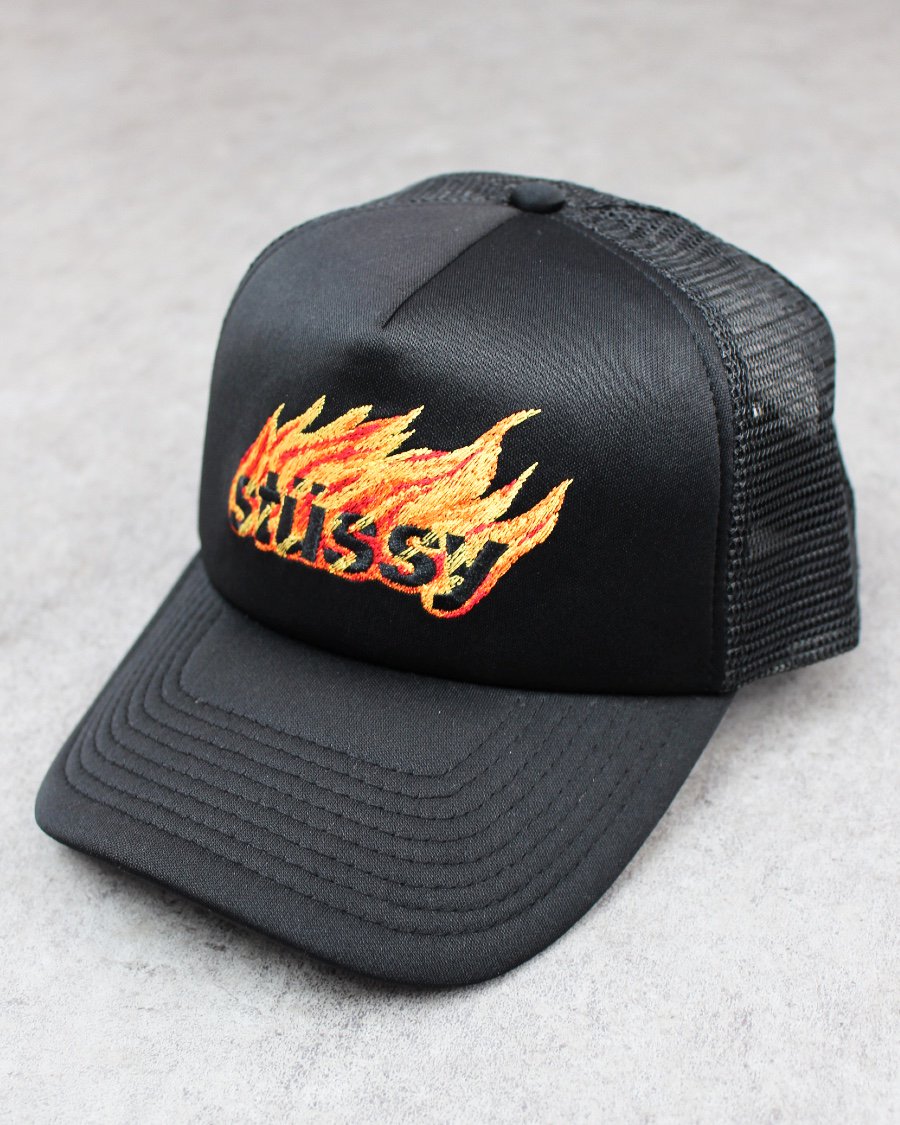 STUSSY Flames Trucker Snapback Cap - Black