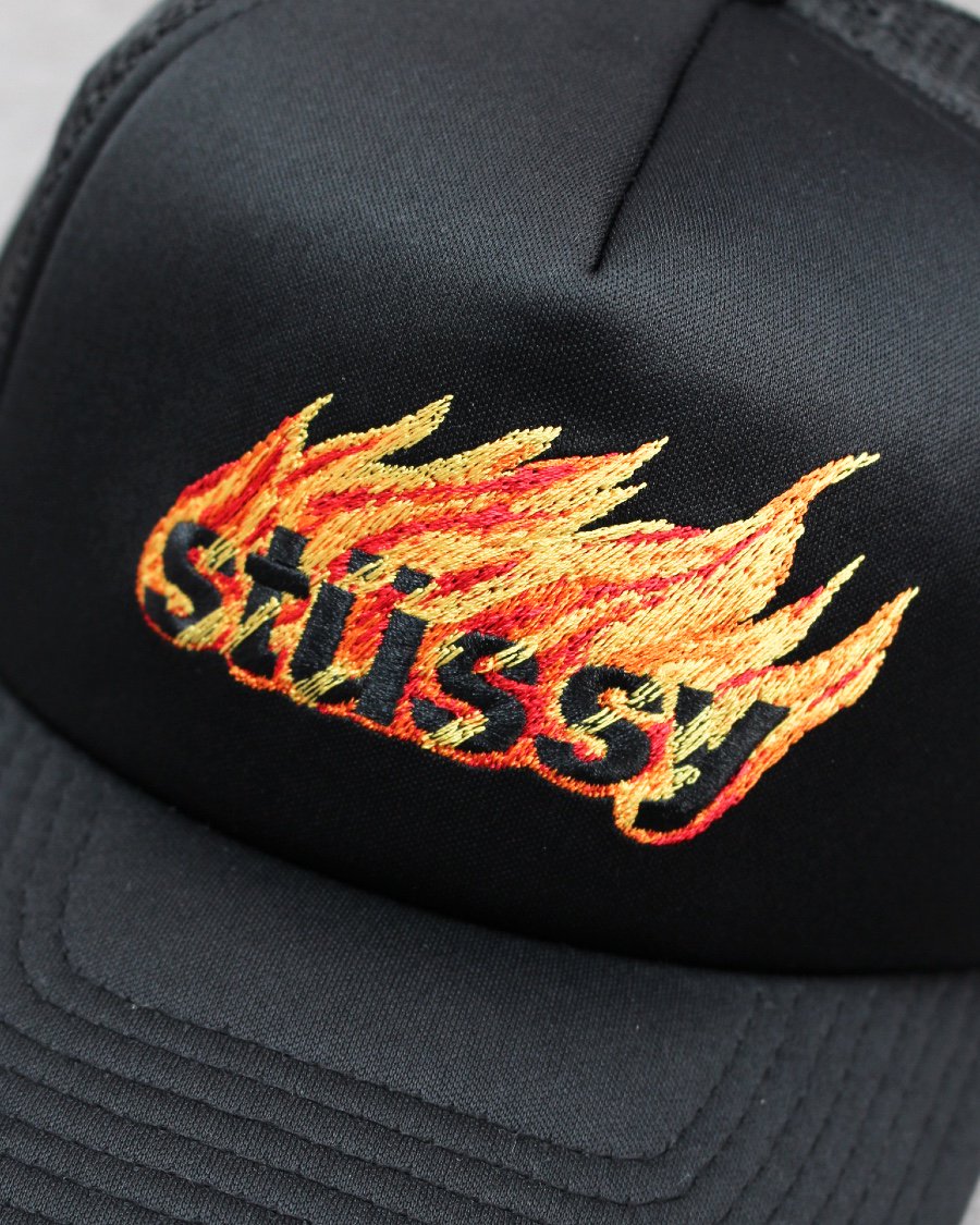 STUSSY Flames Trucker Snapback Cap - Black