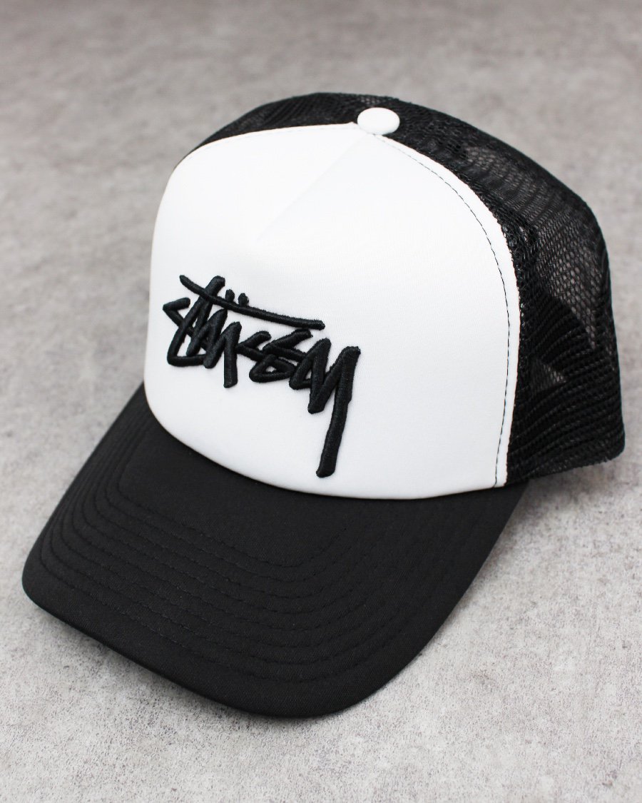 STUSSY Stock Trucker Snapback Cap - Black/White