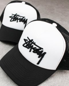 STUSSY Stock Trucker Snapback Cap - Black/White