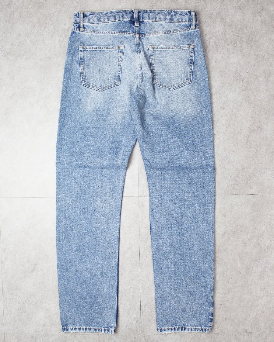 Topman Ripped Stacker Straight Jeans - Mid Wash Blue