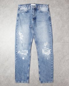 Topman Ripped Stacker Straight Jeans - Mid Wash Blue