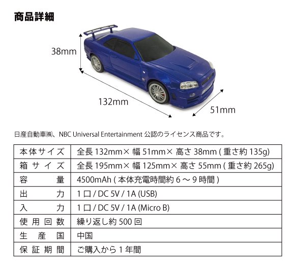 車型モバイルバッテリー 日産スカイライン GT-R(BNR34) ワイルド・スピードMAX(ブルー) ブライアン仕様 4500mAh -  CAMSHOP.JP キャムショップ