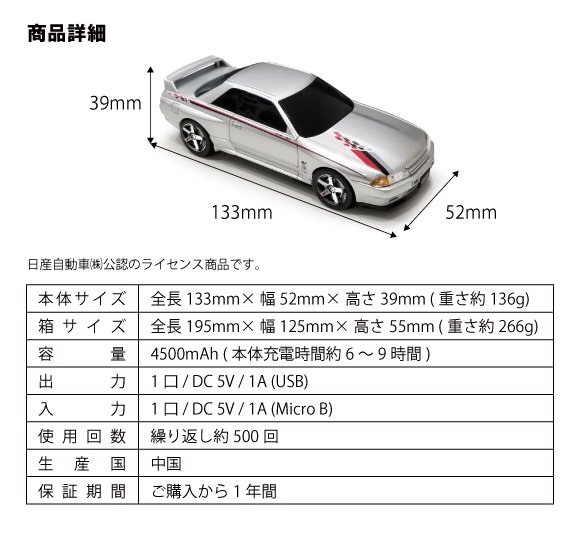 車型モバイルバッテリー スカイライン GT-R (BNR32 NISMO S-tune 