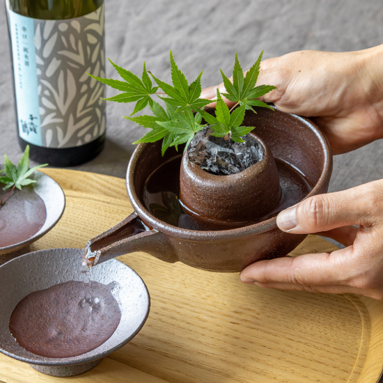 【未使用】長谷園 伊賀焼 片口冷酒器 盃 炭焼 片口冷酒器 南蛮/氷入れ付