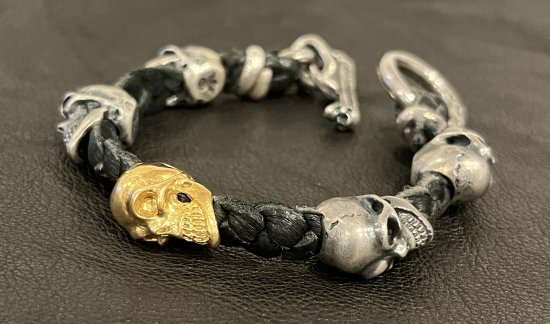 18k Gold Single Skull In All Skull Links Braid Leather Bracelet [B 