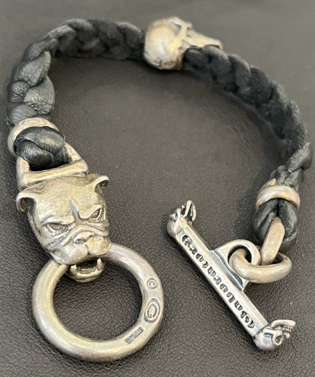 Bulldog & Skull on braid leather bracelet [B-65] - GABORATORY ATELIER