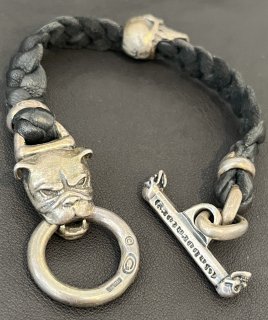 Bulldog & Skull on braid leather bracelet [B-65]